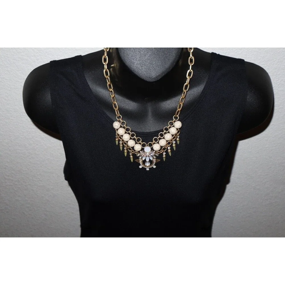 Gold Tone Chain Link Bead Necklace White Marbled Faux Howlite Rhinestone AB 17